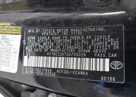 2006 Toyota Camry Le из США, поврежденный, VIN 4T1BE32K76U705028